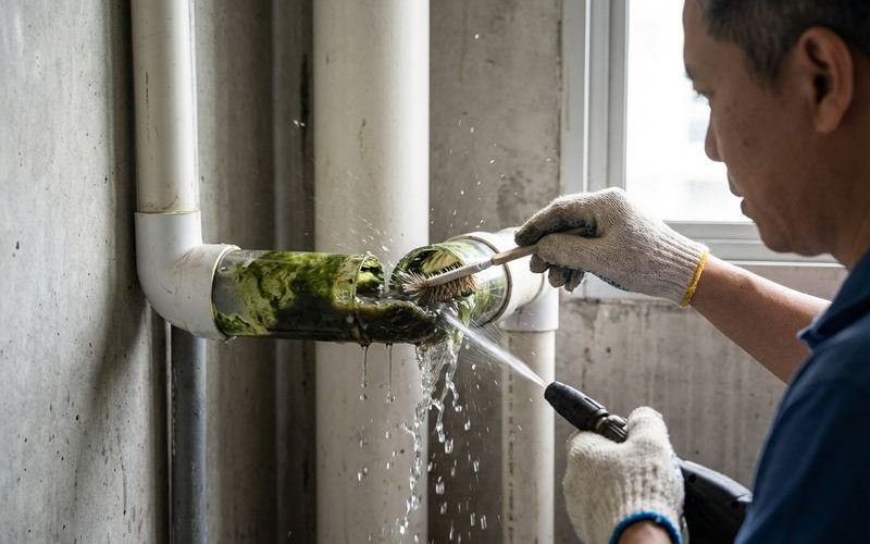 Clogged drainage pipe showing buildup of slime and debris