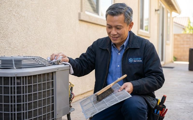 Normal servicing showing technician cleaning aircond filter in living room