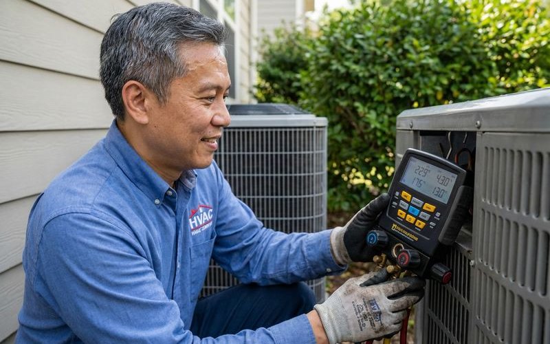 Technician using professional gauges to check aircond refrigerant pressure levels
