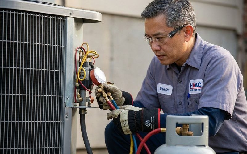 Professional technician safely handling refrigerant with proper equipment