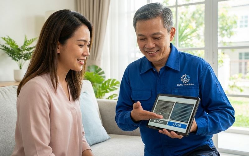 Technician showing dirty vs clean aircond coil comparison to homeowner in Malaysian living room