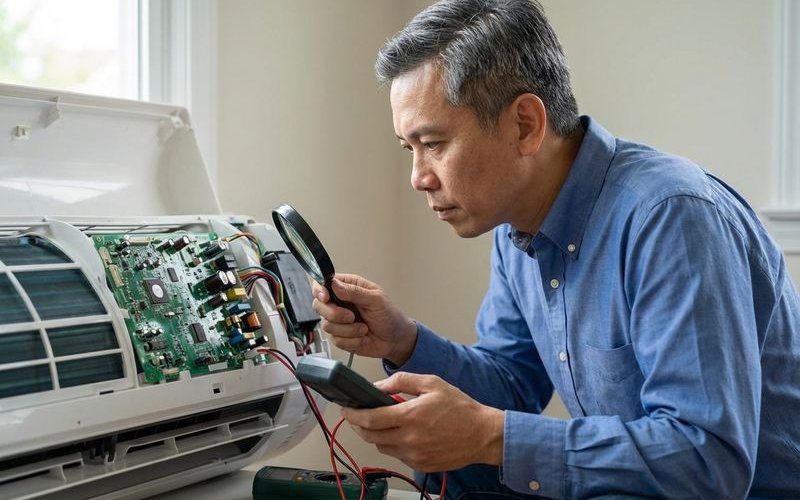 Technician using diagnostic tools to check aircond electrical system in Malaysian residential setting